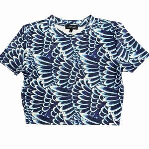 Ed Hardy Blue Cropped Tee Shirt Size S Feathers Short Sleeve